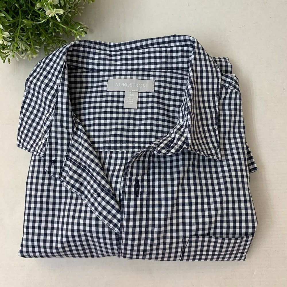 Nordstrom Boys Poplin Button Shirt Collared XL Navy Eclipse Mini Check